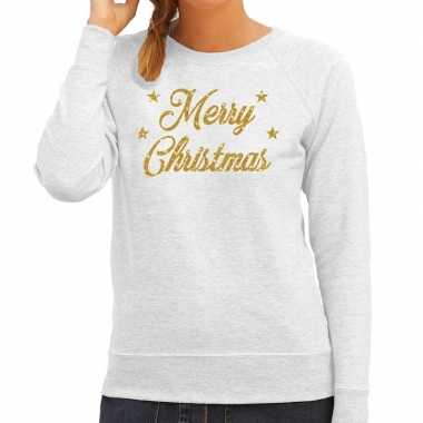 Goedkope grijze foute kersttrui / sweater merry christmas gouden letters voor dames
