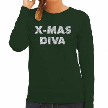 Goedkope groene foute kersttrui / sweater christmas diva zilveren letters voor dames