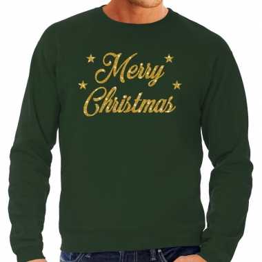 Goedkope groene foute kersttrui / sweater merry christmas gouden letters voor heren