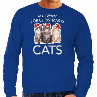 Goedkope kitten kersttrui / outfit all i want for christmas is cats blauw voor heren