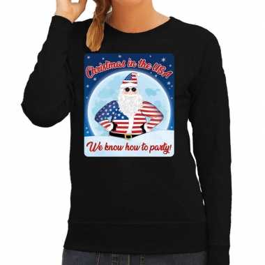 Goedkope zwarte foute kersttrui / sweater christmas in usa we know how to party voor dames